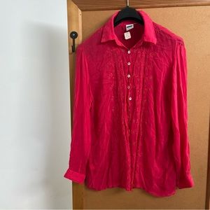 Johnny Was Large red long sleeve button down shirt rayon USA made embroidery